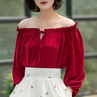 Women Off Shoulder long-sleeved spring summer Blouse 6058