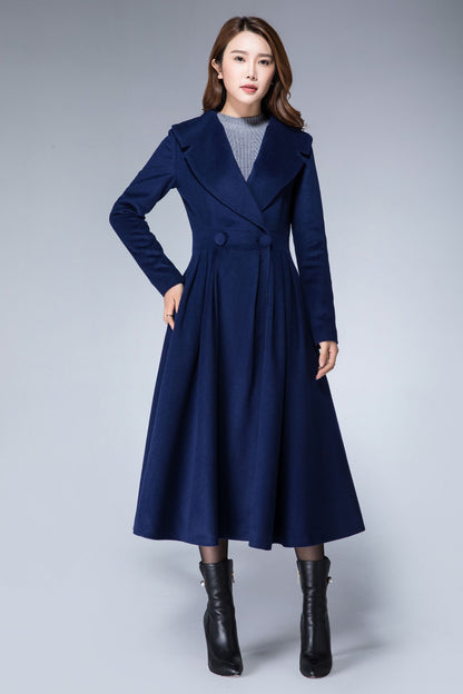 Elegant Navy Wool Blend Coat – Handmade Fit & Flare Princess Midi Coat | Xiaolizi 1866
