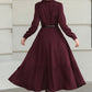 Burgundy Wool Wrap Midi Dress — Elegant Tie‑Waist A‑Line for Office 6512