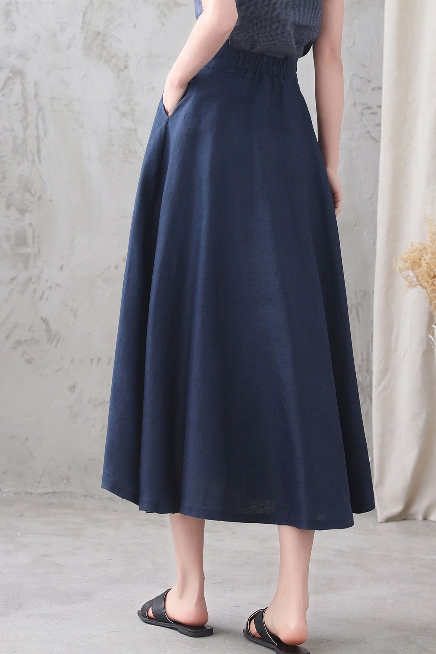 Dark Blue High Waist A Line Elastic Waist Linen Skirt 3339