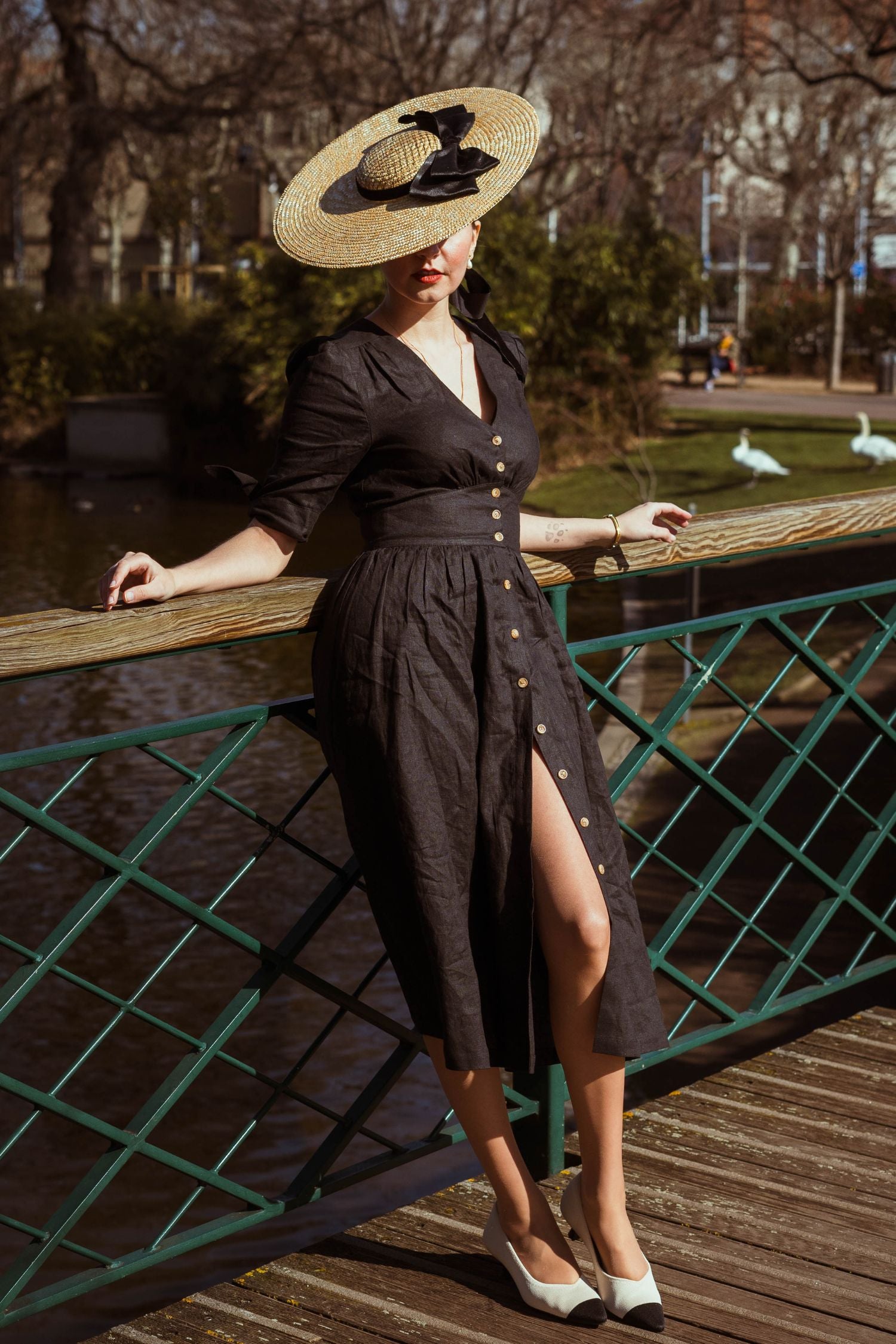 Black v neck Linen Dress 5207 Xiaolizi Black v neck Linen Dress 5207 Xiaolizi