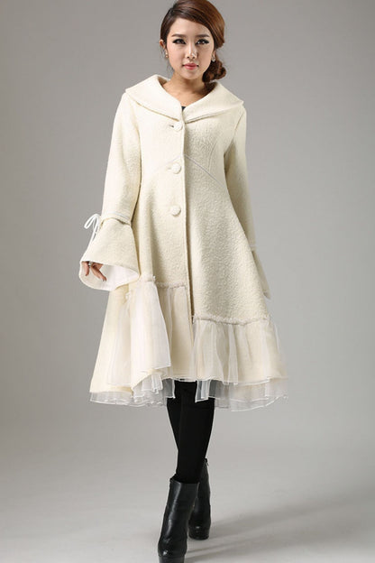 White Wool Blend Coat - Flared Bell Sleeve with Sheer Hem 725