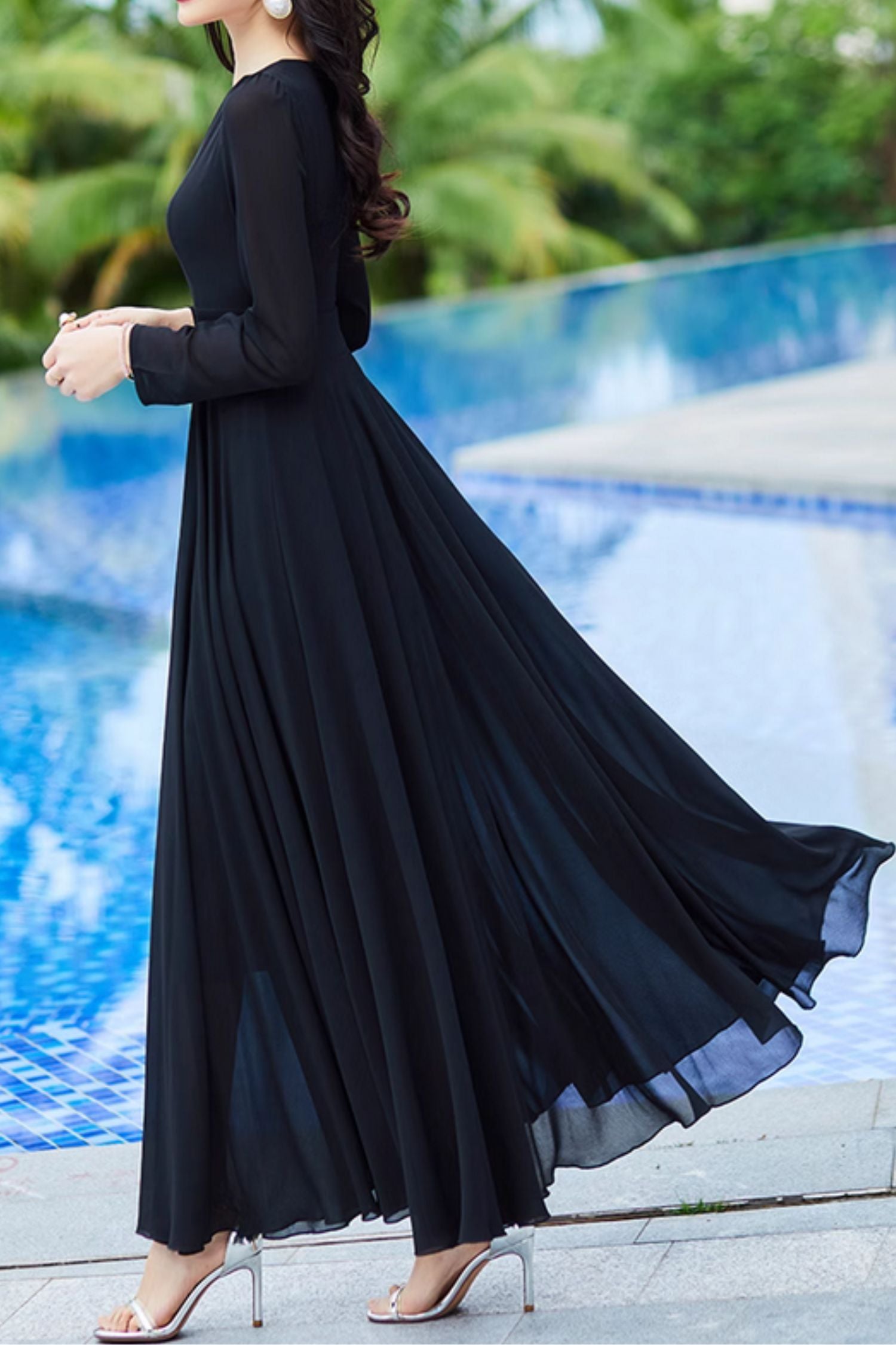Long sleeves fit and flare maxi chiffon dress 4998 Xiaolizi Long sleeves fit and flare maxi chiffon dress 4998 Xiaolizi
