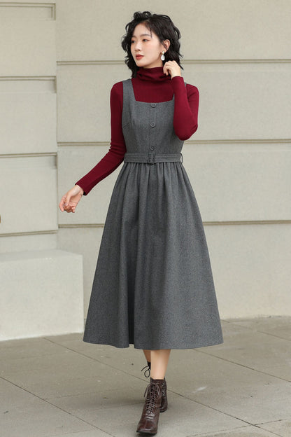 Gray Wool Midi Dress - Sleeveless Swing Silhouette with Belt 6427