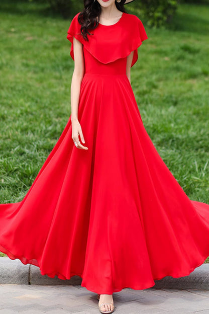 Fit and flare red prom chiffon dress with cape 5029