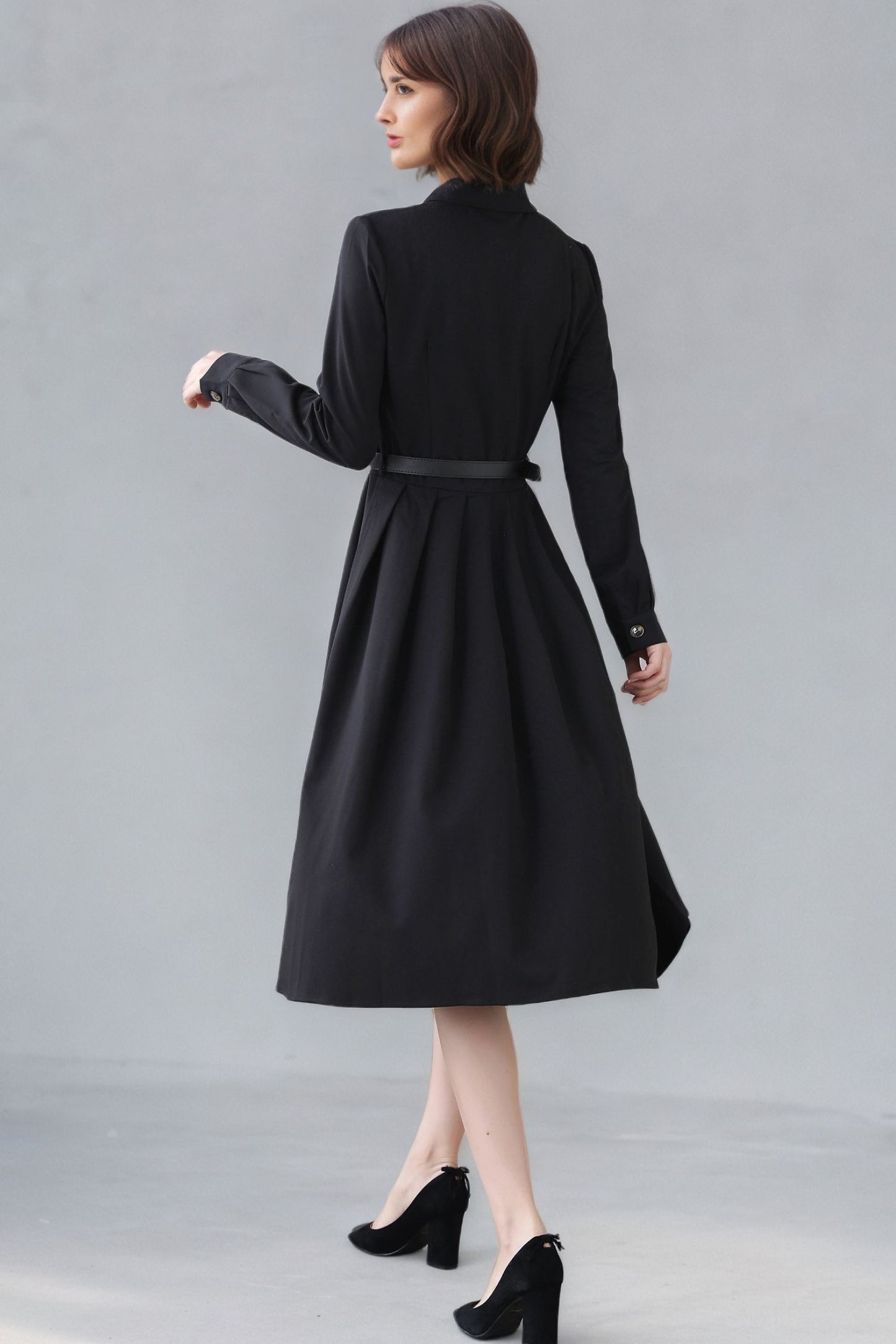 Xiaolizi Black Pleated Midi Dress – Vintage Long Sleeve Button Front Dress 6347