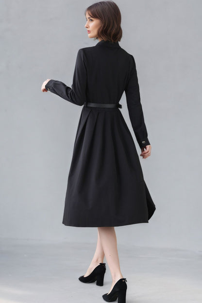 Xiaolizi Black Pleated Midi Dress – Vintage Long Sleeve Button Front Dress 6347