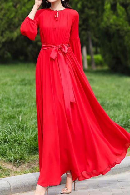 Red Chiffon Maxi Dress - Fitted Waist with 3/4 Sleeves 5003