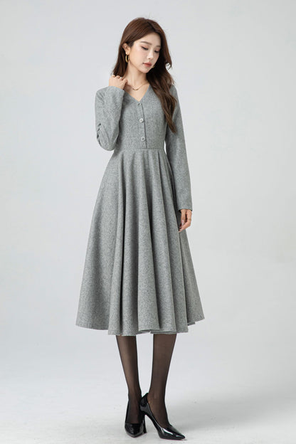 Gray Wool Midi Dress - Fit and Flare V-Neck Swing Silhouette 5304