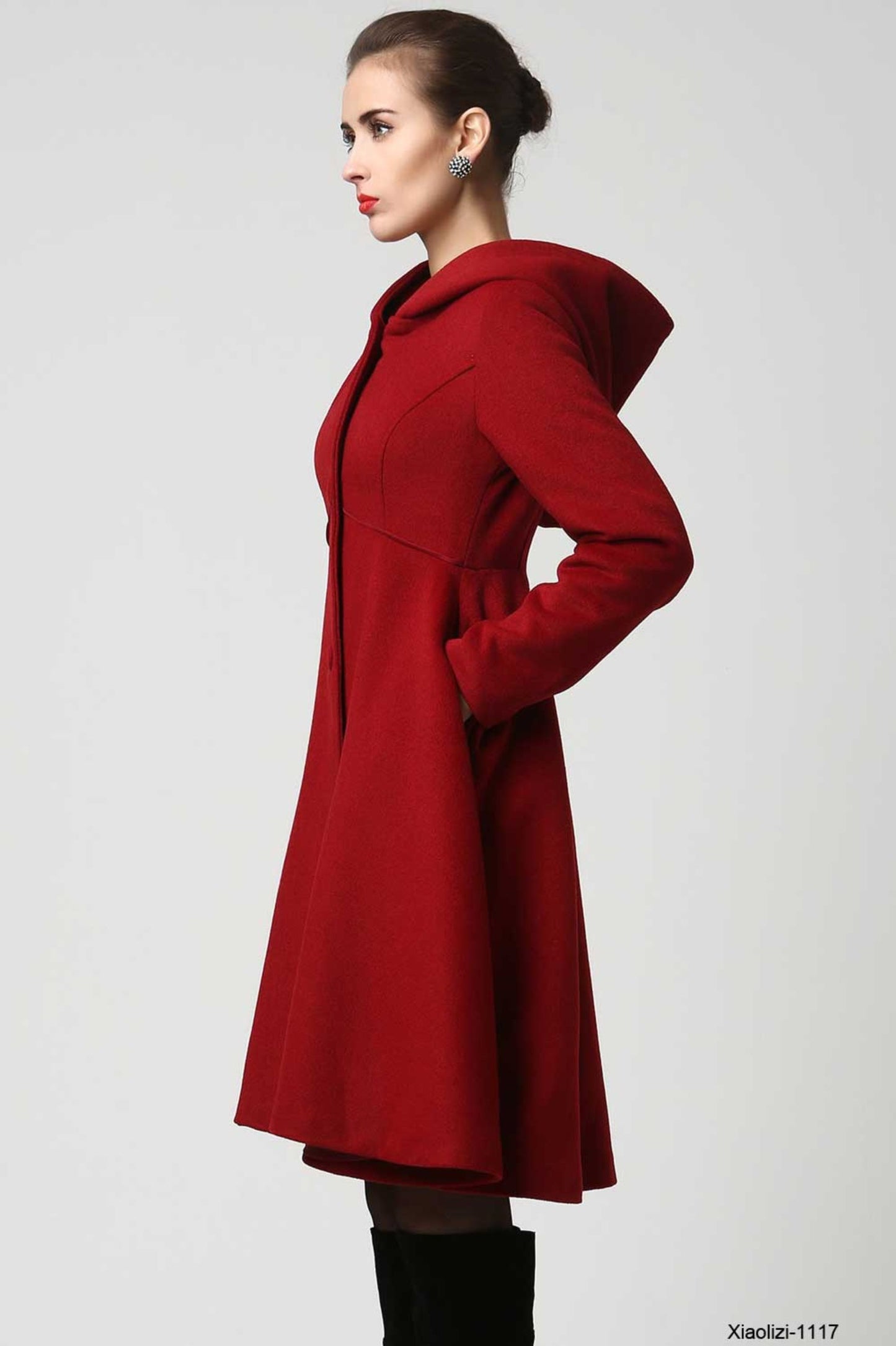 Red wool coat with big hood swing coat 1117