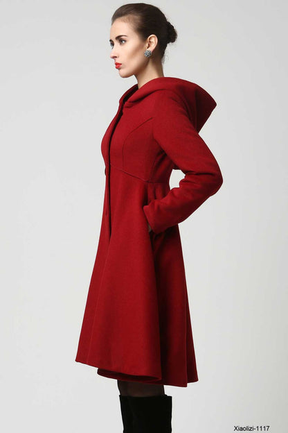Dark Red Hooded Wool Coat – Vintage Fit and Flare Winter Overcoat 1117