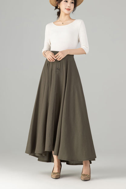 Olive Green Linen Cotton Maxi Skirt - Button-Up A-Line | Xiaolizi 5702
