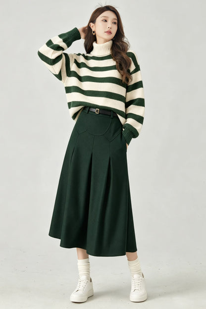 Vintage Dark Green Wool Swing Midi Skirt - High Waist A-Line Skirt 7014