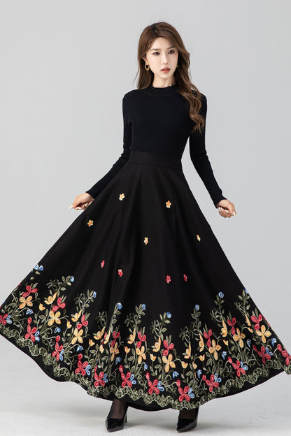 Classic Black Wool Maxi Skirt – Floral Embroidery Hem, A-Line – 5270