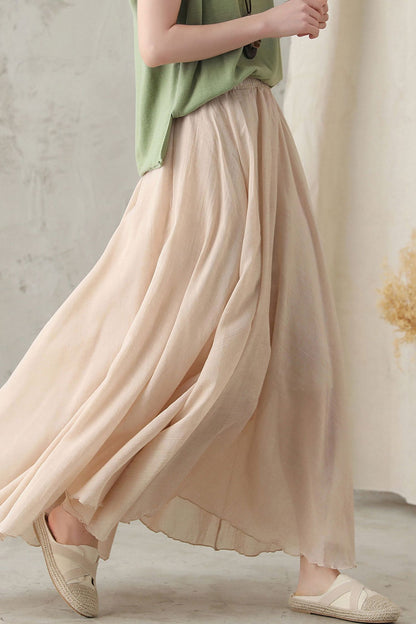 Handmade Linen Maxi Skirt Beige – High-Waist Flowy Circle Hem – 2820
