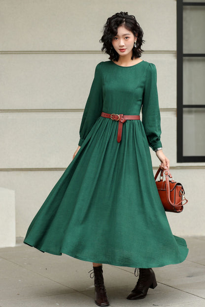 Green Linen Cotton Maxi Dress - Pleated Waist, Flowing A-Line Silhouette 6425