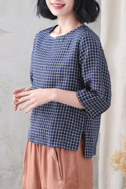 Navy Check Linen Blouse – Loose Fit Summer Top with 3/4 Sleeves 3336