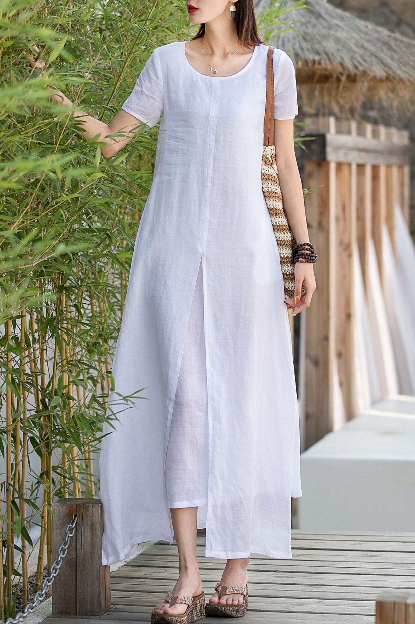 Maxi white layered summer dress women 2875