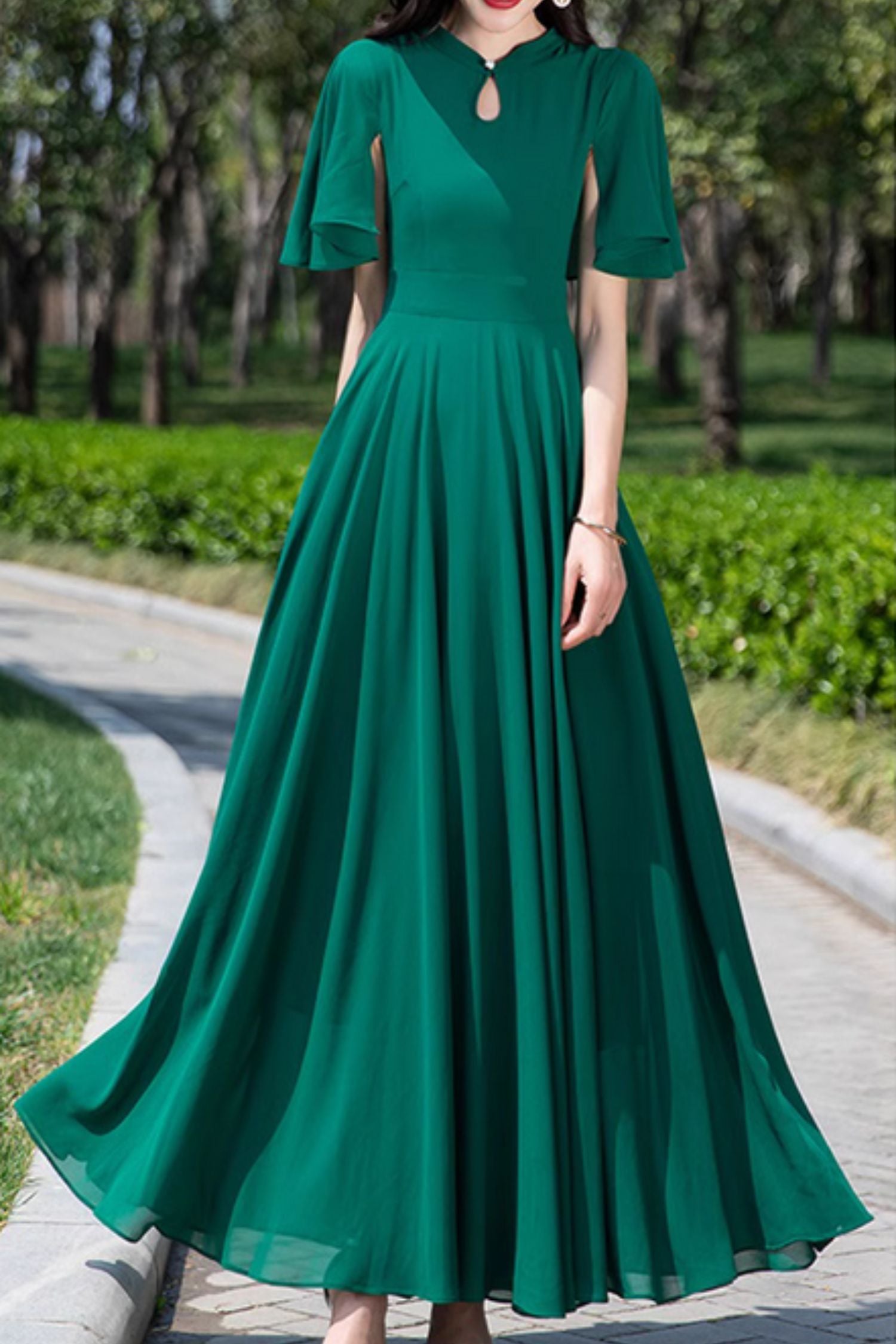 green chiffon dress with sleeves Maxi - Fit and Flare Swing 5167 Rachel Allan Prom 70597 and a V Colour:OLIVE NATIVE FLORAL Ivory Keyhole Dress