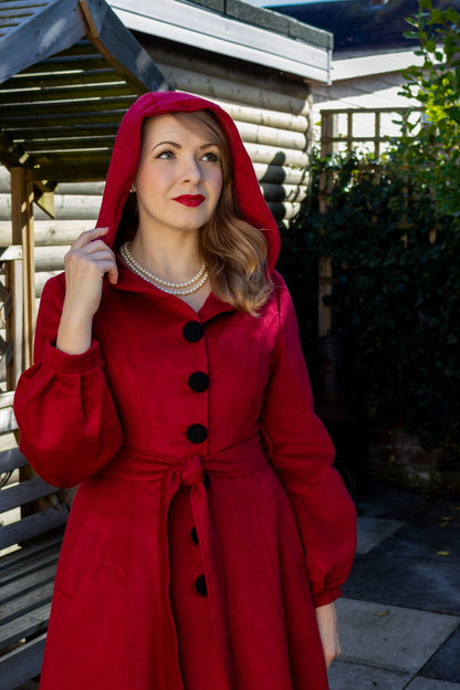 Red Wool Blend Hooded Coat - Lantern Sleeves & Tie Waist 3174