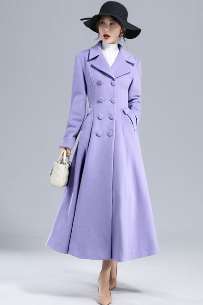 Light Purple Wool Fit-and-Flare Long Coat – Double-Breasted Elegant Silhouette | Xiaolizi 3232