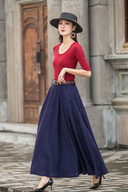 Navy a line Linen Maxi Skirt with Pockets  2778