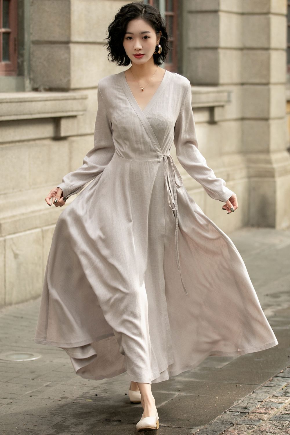 Long sleeves gray wrap linen dress 5672