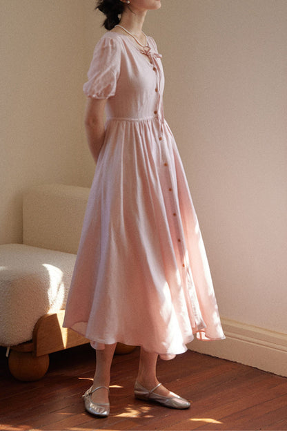 Pink Linen Midi Dress - Fit and Flare, Button Closure HY0037