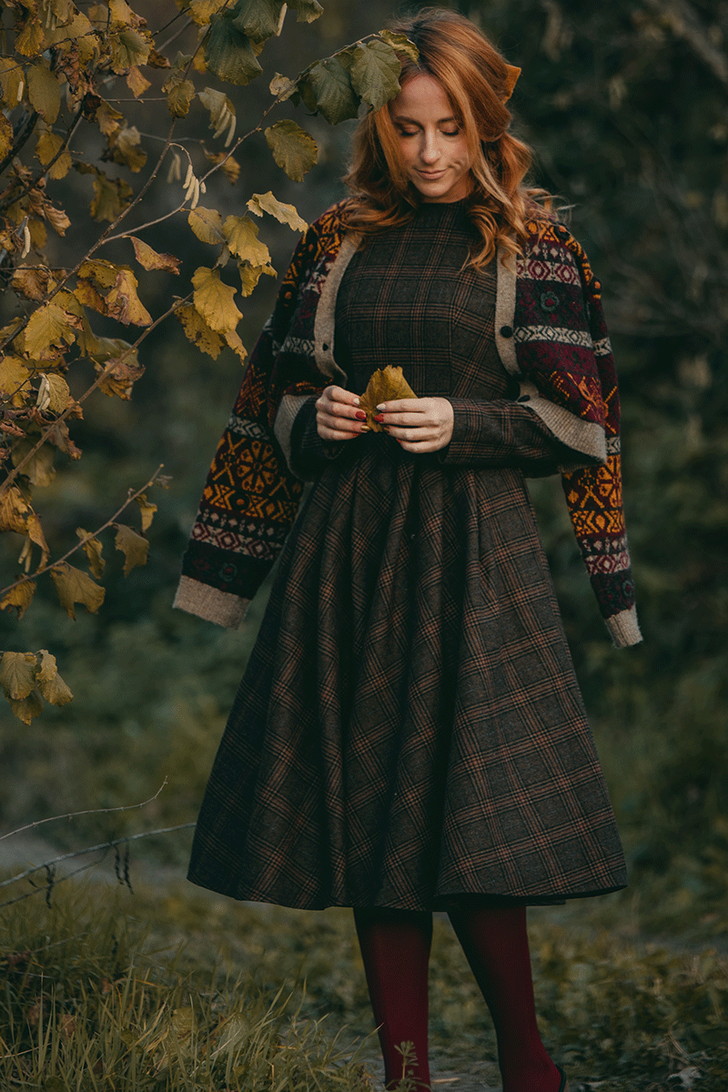 plaid midi dress long sleeve Plaid Wool Midi Dress: Fit & Flare Long Sleeve Autumn Winter, Custom, Xiaolizi 5308