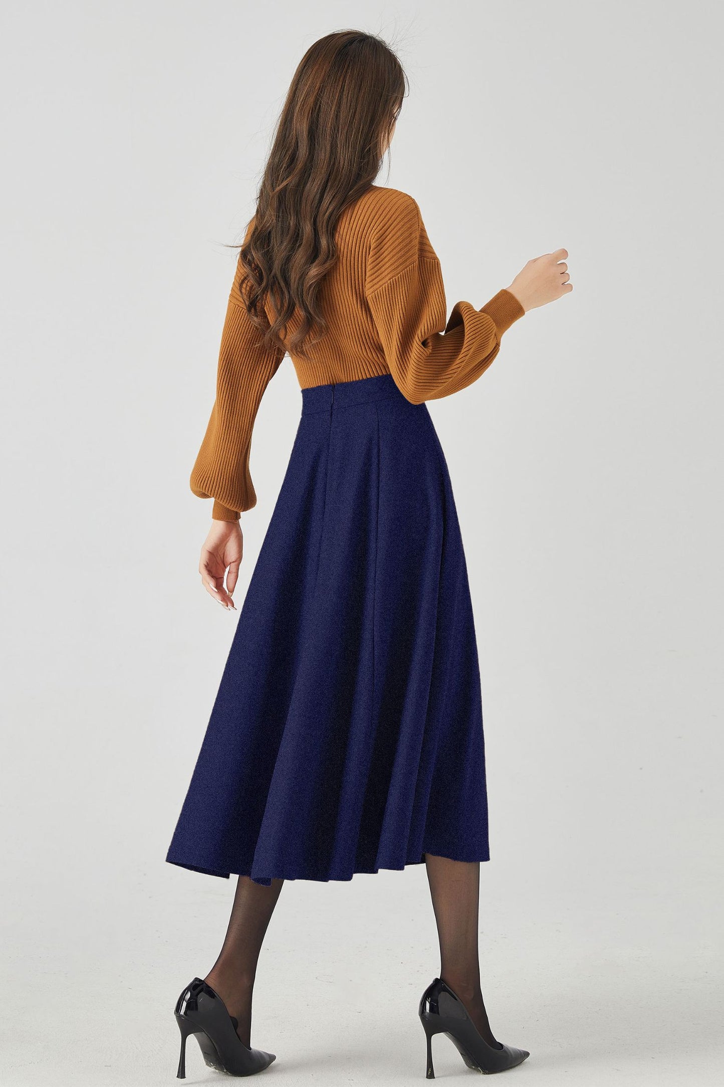 Navy Wool High-Waisted Circle Skirt - Elegant Flowy Silhouette 5443