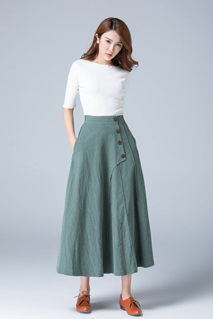 Green maxi A line summer linen skirt 1775