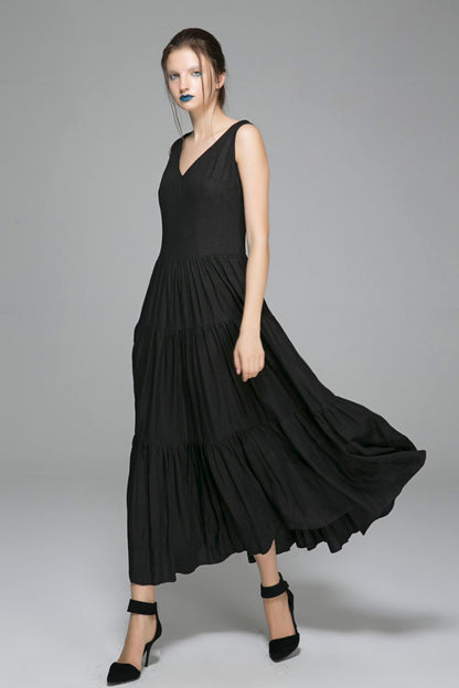 Black Linen Maxi Dress - Sleeveless V-Neck Formal | Xiaolizi 1404