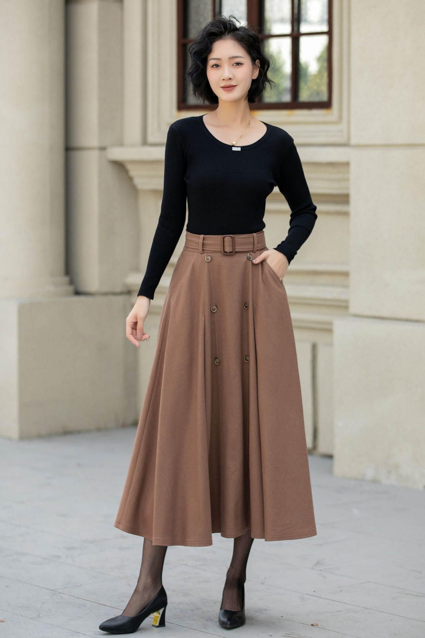 Brown button front a line wool skirt 5453