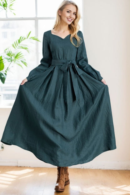Teal Linen Maxi Dress - A-Line Silhouette with Waist Tie 5639
