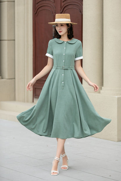 Green Linen Cotton Midi Dress – Vintage Belted Summer Shirt Dress 5148