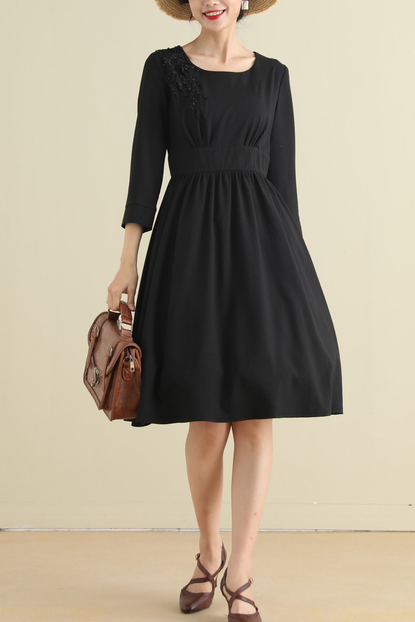 Vintage inspired little black linen dress women 2794