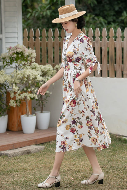 Xiaolizi Floral Linen Midi Dress – Vintage V Neck A-Line 6699