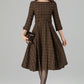 Brown Plaid Wool Dress – Vintage Fit & Flare Midi with 3/4 Sleeves | Xiaolizi 6393