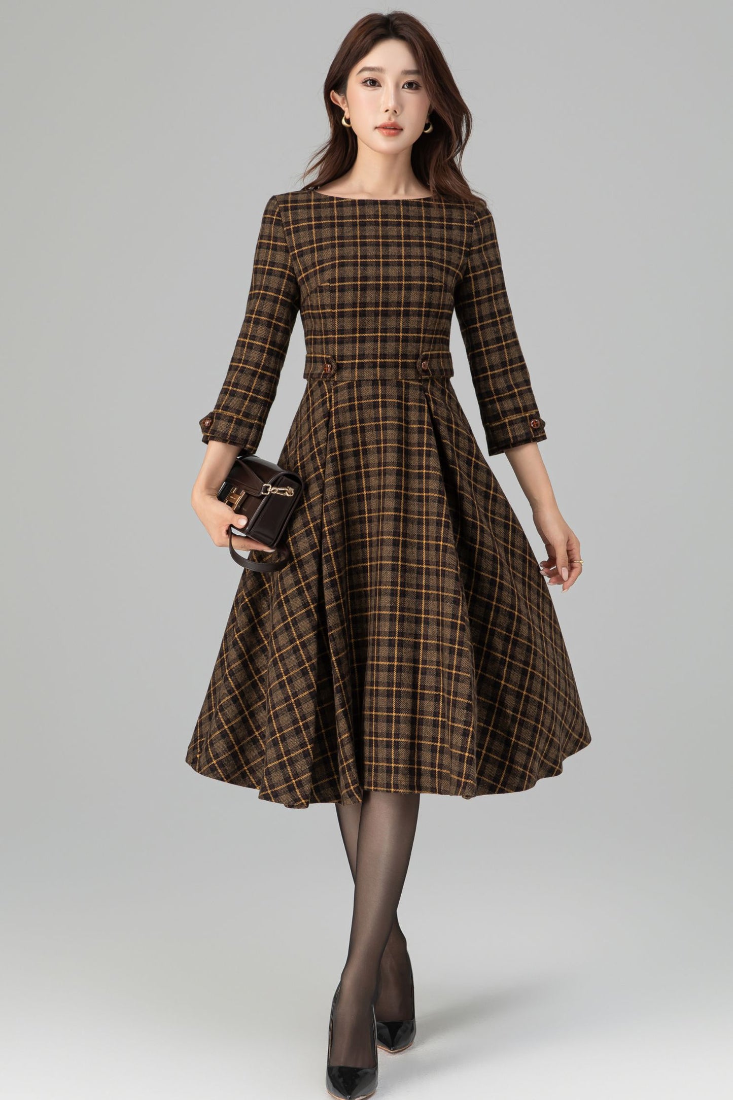 Brown Plaid Wool Dress – Vintage Fit & Flare Midi with 3/4 Sleeves | Xiaolizi 6393