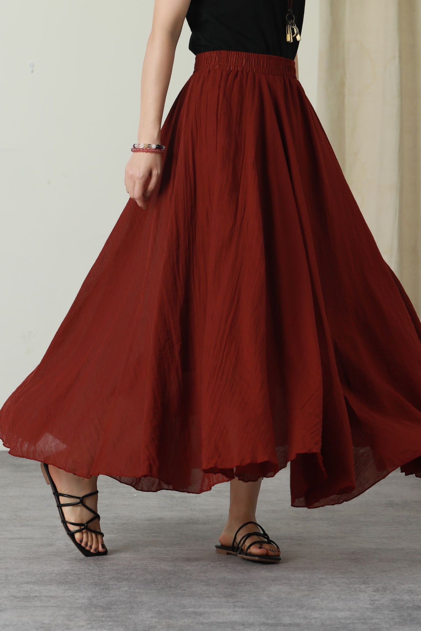 Maxi burgundy swing long linen skirt women 6175
