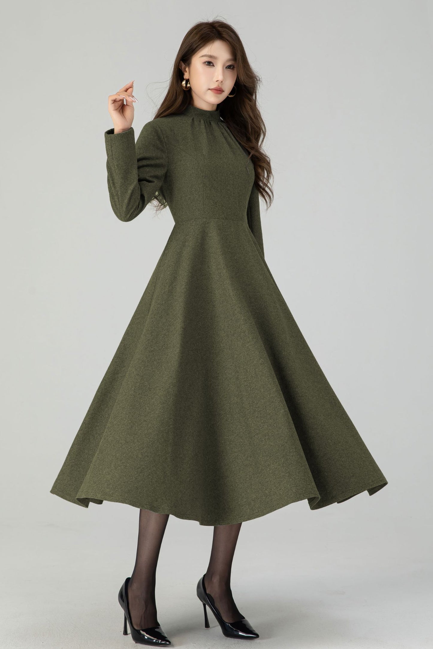 Retro army green swing wool dress 5441