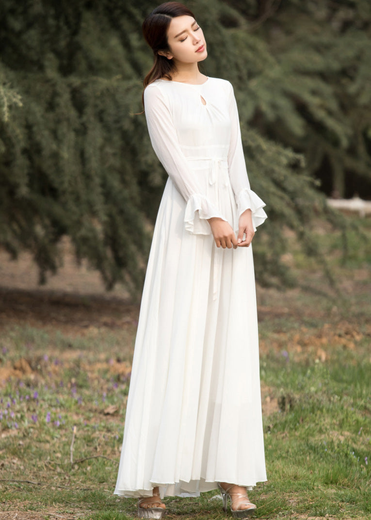 White Chiffon Maxi Dress with Flared Skirt and Keyhole Neckline – Xiaolizi White Chiffon Maxi Dress with Flared Skirt and Keyhole Neckline – Xiaolizi