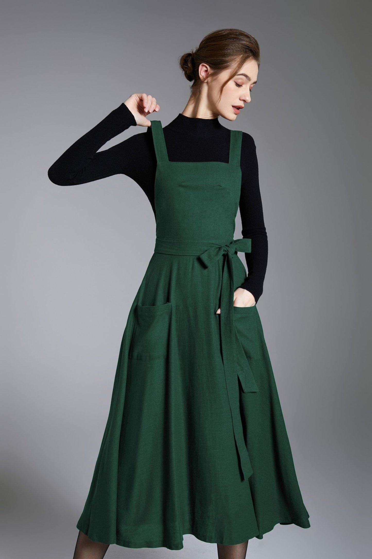 Green Linen Pinafore Dress – Handmade Midi Apron Dress 6673