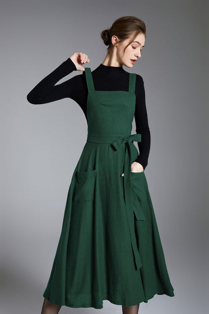 Green Linen Pinafore Dress – Handmade Midi Apron Dress 6673