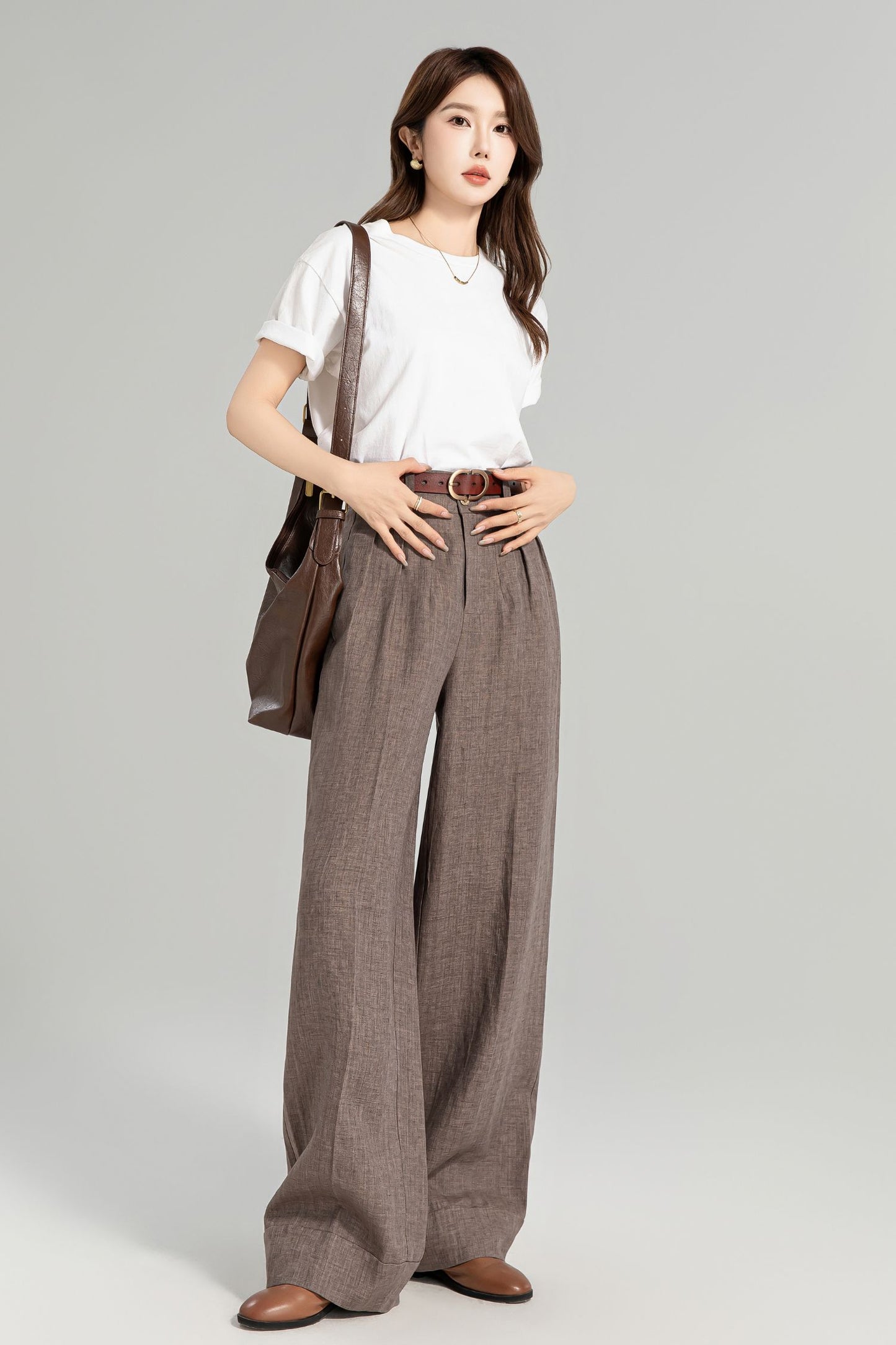 Brown wide leg long linen pants for women 4965