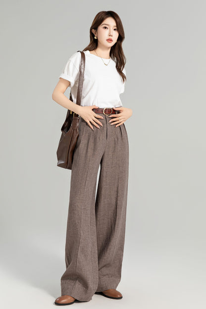 Brown Linen Wide Leg Pants – Handmade Long Relaxed Fit Trousers | Xiaolizi  4965