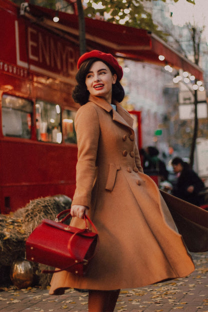 Camel Wool Double Breasted Coat - Fit and Flare Vintage Silhouette 2494