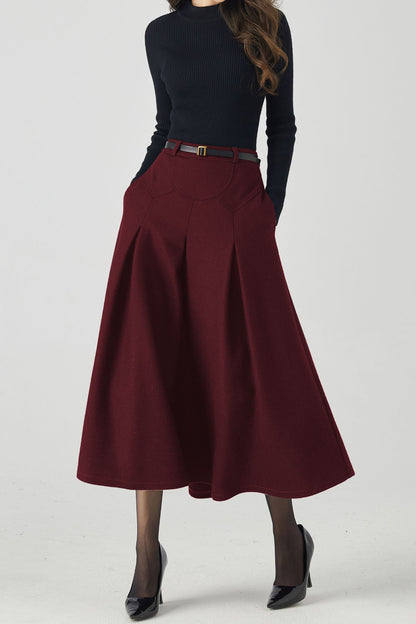 Burgundy Wool Midi Skirt – Vintage High Waist A-Line Winter Skirt with Pockets 6332