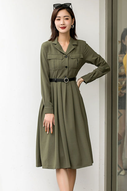 Green Polyester Shirt Dress - Long Sleeve Midi | Xiaolizi 2846