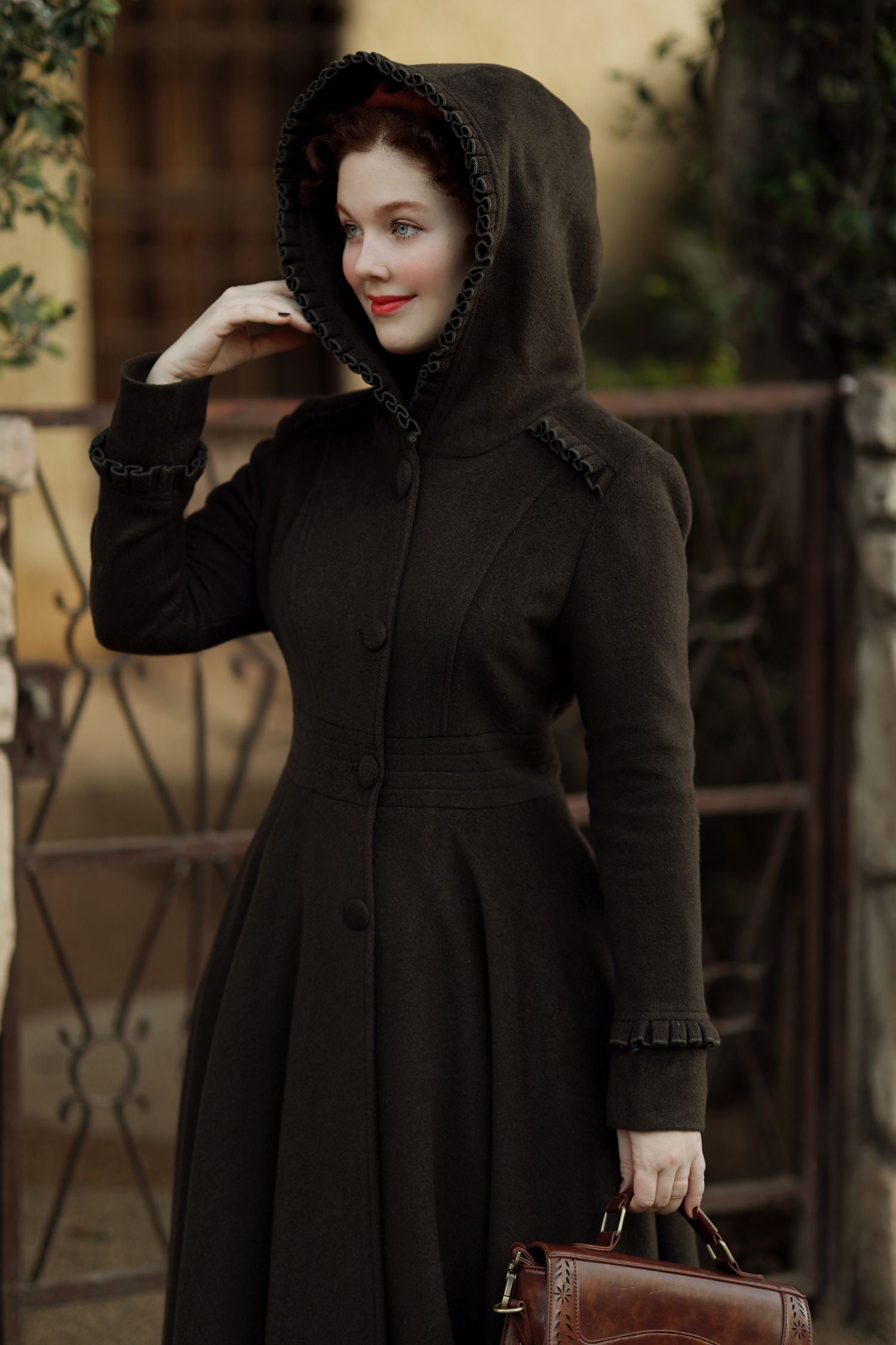 Deep Olive Black Hooded Wool Coat Elegant Ruffle Trim Long Winter Overcoat Green / XL Deep Olive Black Hooded Wool Coat Elegant Ruffle Trim Long Winter Overcoat Green / XL